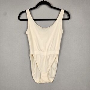 Donna Karan Intimates Bodysuit Womens Medium Ivory Ribbed Thong Snap‎ Made USA